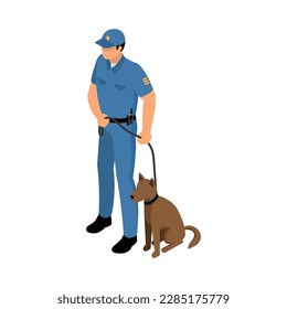 Isometric character of policeman with police dog on leash vector illustration