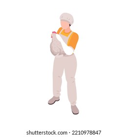 Isometric Character Of Poultry Farm Worker Holding White Hen 3d Vector Illustration