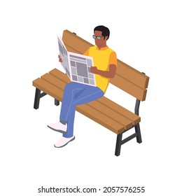 Isometric character of reading man with newspaper on wooden bench 3d vector illustration