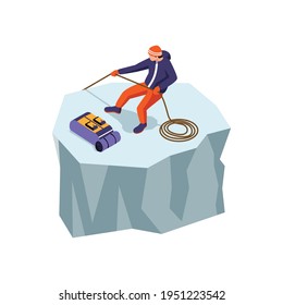 Isometric character with rope doing rock climbing 3d vector illustration