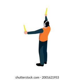 Isometric Character Of Runway Marshaller Back View 3d Vector Illustration