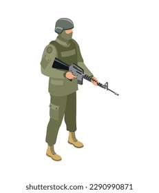 Isometrischer Charakter eines Soldaten mit Angriffsgewehr 3D-Vektorgrafik