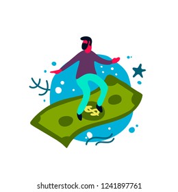 Isometric character surfe on dollar.Business success concept. Modern illustration for Your design solutions.