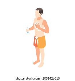 Isometric character in swimming trunks applying suncream on body 3d vector illustration