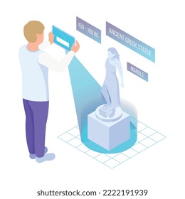 Isometric character with tablet looking at statue in virtual reality museum 3d vector illustration