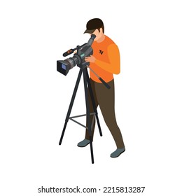 Isometric character of tv cameraman 3d vector illustration