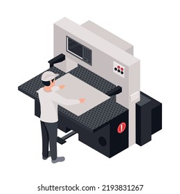 Isometric Character Of Worker Using Printing Equipment In Publishing House 3d Vector Illustration