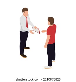 Isometric characters of car dealer and customer 3d vector illustration