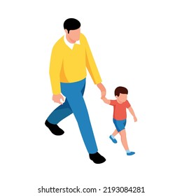 Isometric characters of dad and son walking together 3d vector illustration