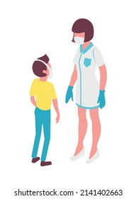 Isometric characters of female dentist and boy with toothache 3d isolated vector illustration