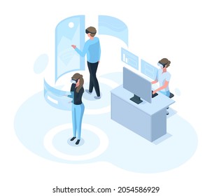 Isometric characters in futuristic virtual reality simulation world. People wearing virtual reality digital vector illustration. VR world activities concept. Digital isometric futuristic vr