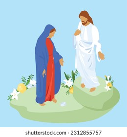 Isometric characters of jesus christ and virgin mary on blue background vector illustration