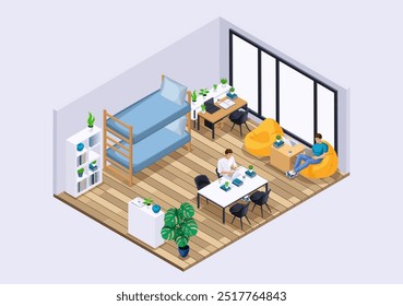 Isometric Characters, Personage. Large bright room in a student dormitory for boys. Students study in their room