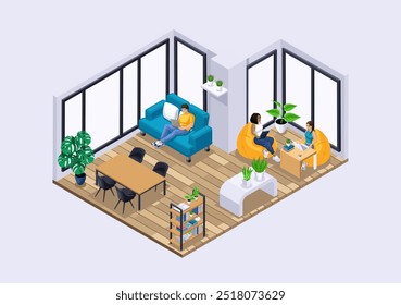 Isometric Characters, Personage. Large bright room in the student dormitory for recreation. Students communicate and study