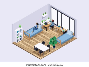 Isometric Characters, Personage. Large bright room in the student dormitory for girls. Students study in their room