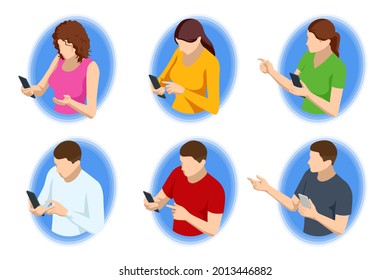 Isometric Characters with Phone Woman and Man. Men and Women Holding Mobile Phone in Hands. Online Communication and Conversation with Smartphone