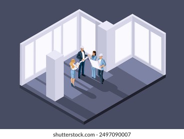 Isometric characters. Rent of premises for small businesses. Specialists meet with the head of a construction project or an architect in an empty office space