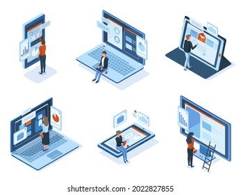 Isometric characters use technology gadgets interfaces. People work or study use laptop tablet smartphone screens vector illustration set. Characters interact interfaces using online services