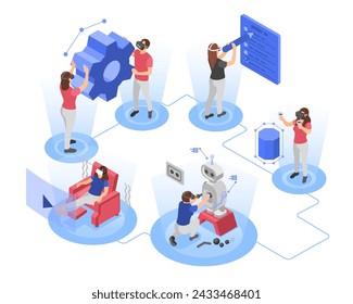 Caracteres isométricos y mundo virtual. La gente usa gafas de realidad virtual y juegos, descanso, desarrollo. Tecnologías, progreso digital concepto de vector impecable