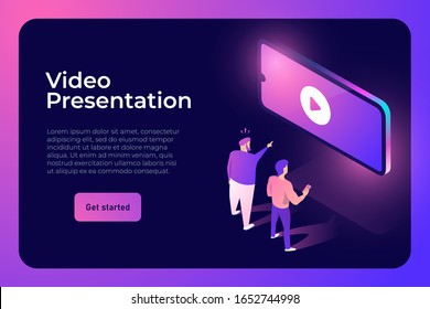 Isometric characters watching on presentation screen. Isometric 3d phone with play icon button.
