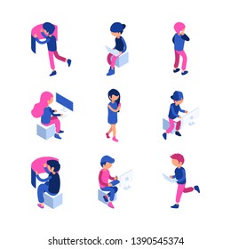 Isometric characters. Working people touching screen computer laptop interactive application digital creative work vector isometric