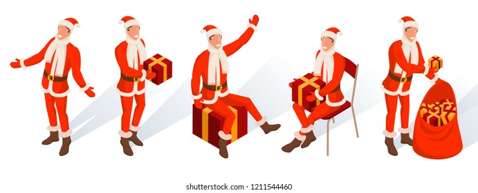 Isometric characters of young Santa. Various poses and actions. Christmas and New Year design element set.