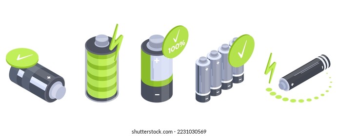 Baterías cargadas isométricas. Acumuladores alcalinos metálicos con indicadores verdes, elementos eléctricos eléctricos de potencia ilustración vectorial plana sobre fondo blanco