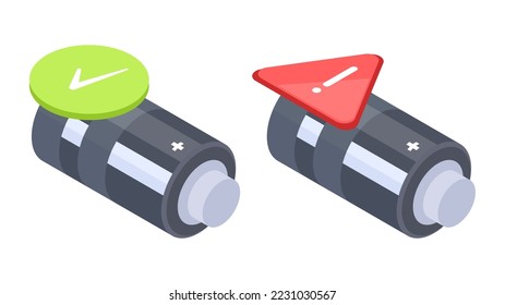 Isometrische geladene und tote Batterie. Alkali-Metallakkumulatoren mit grünen und roten Indikatoren, Elektrizitätselemente, flache Vektorgrafik auf weißem Hintergrund