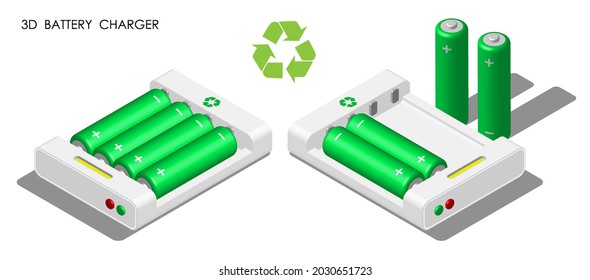 Isometric charger with batteries inside. Reusable rechargeable batteries for portable devices. Realistic 3D white vector isolated on white background