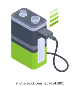 Isometric charger. Battery or accumulator charger with energy power detector, electric charging equipment 3d vector illustration. Electricity charging tool