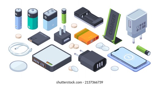 Cargadores isométricos. Batería para smartphones enchufes de carga para poder de transferencia de electricidad adaptador de teléfono celular garish vectores 3d plantillas