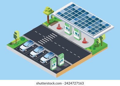 Isometric Charging electric cars at toll road rest area with fast supercharger stations and many charging points. Vehicles at renewable solar panel energy battery storage station on grid network. 