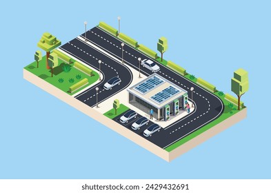 Isometric Charging electric cars at toll road rest area with fast supercharger stations and many charging points. Vehicles at renewable solar panel energy battery storage station on grid network.