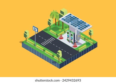 Isometric Charging electric cars at toll road rest area with fast supercharger stations and many charging points. Vehicles at renewable solar panel energy battery storage station on grid network.