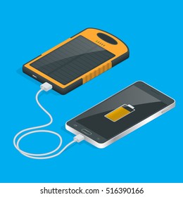 Isometric Charging smartphone by built-in solar panel. Modern alternative energy. Ecological energy. Vector illustration.