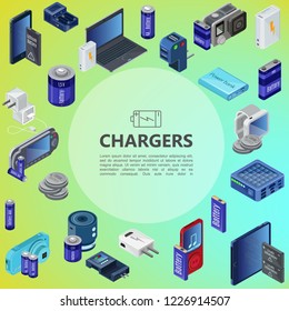 Isometric charging sources concept with power bank portable chargers batteries plugs and modern devices vector illustration