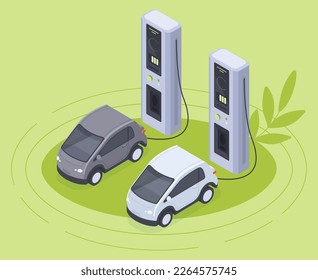 Isometric charging station. Electric cars charging, eco friendly electric cars, EV home charger station, green energy isolated 3d vector illustration