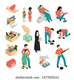 Isometric charity donation volunteers set of isolated images human characters and pictogram icons on blank background vector illustration