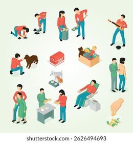 Isometric charity flowchart composition with human characters and conceptual images connected with lines vector illustration concept food happiness box volunteering