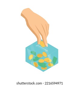Isometric charity icon with human hand donating money 3d vector illustration