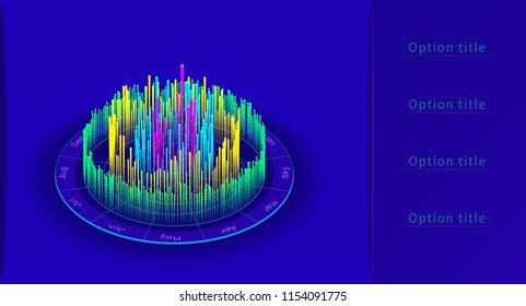 Isometric chart 3D. Big data analytic and visualization. Presentation graphics, statistics of data and diagrams. Perfect for banner, website, presentation and promotional materials. Vector elements.
