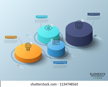 Isometric chart with 4 colorful cylinderical elements or columns, thin line icons, dates and place for text. Concept of timeline with four steps. Infographic design layout. Vector illustration.