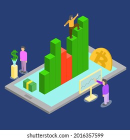 Isometric chart candle stick cryptocurrency illustration