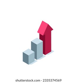 isometric chart icon with arrow in color on white background, stable growth or income