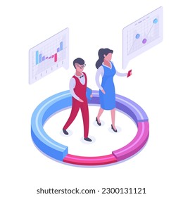 Isometric chart statistics analysis. Business people data analysing, office workers analysing data 3d vector illustration