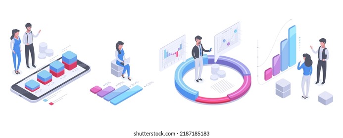 Isometric chart statistics analysis, people analysing data. Business people with data and financial diagram on computer screen 3d vector illustration set. Data analysing scenes