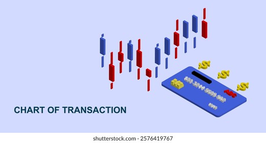 Isometric chart of transacion illustration. Icon 3D of candlestick chart and debit card. Vector design.