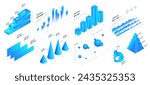 Isometric charts set. Graphs and diagrams. Statistics and data visualization, infographics. Economy, investing and trading. Cartoon 3D vector collection isolated on white background
