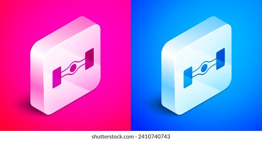 Isometric Chasis icono del coche aislado en fondo rosa y azul. Botón cuadrado plateado. Vector