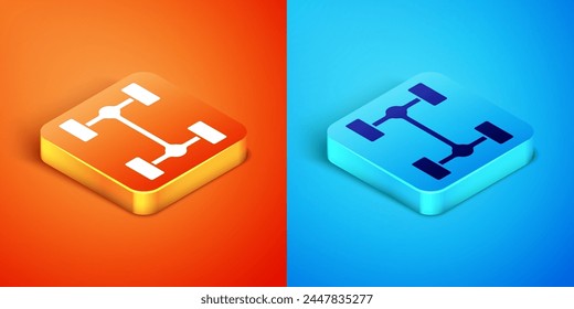 Isometric Chassis car icon isolated on orange and blue background.  Vector